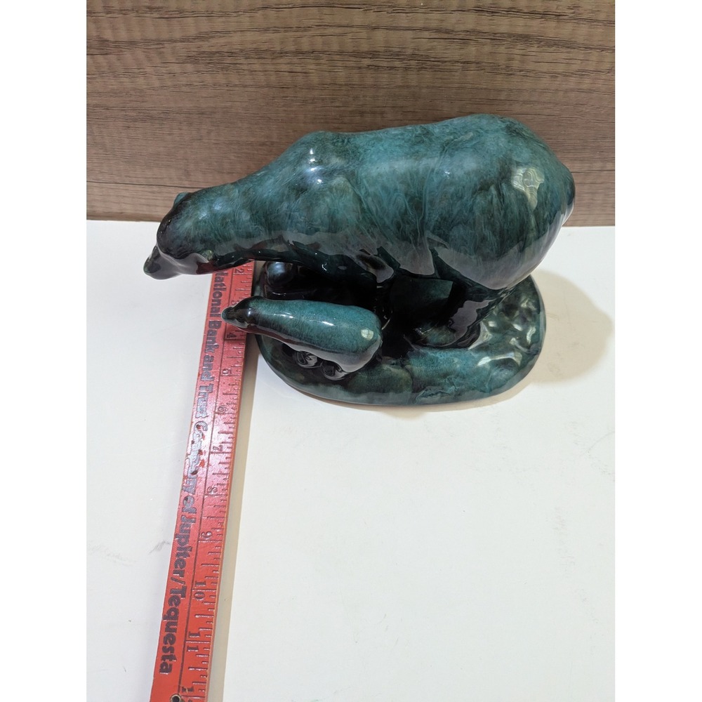 Blue Mountain Pottery Polar Bear and Cub Figurine Green Drip Glaze Canada 10in - Picture 9 of 10